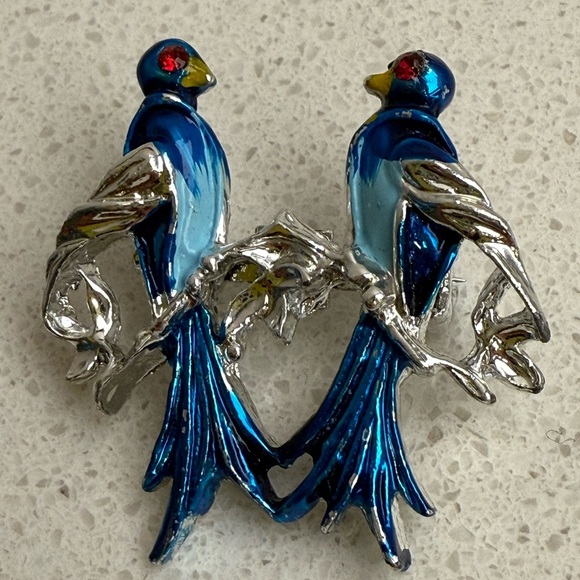 Vintage Blue Lovebirds Brooch Pin Silver Tone Enamel - Picture 2 of 7